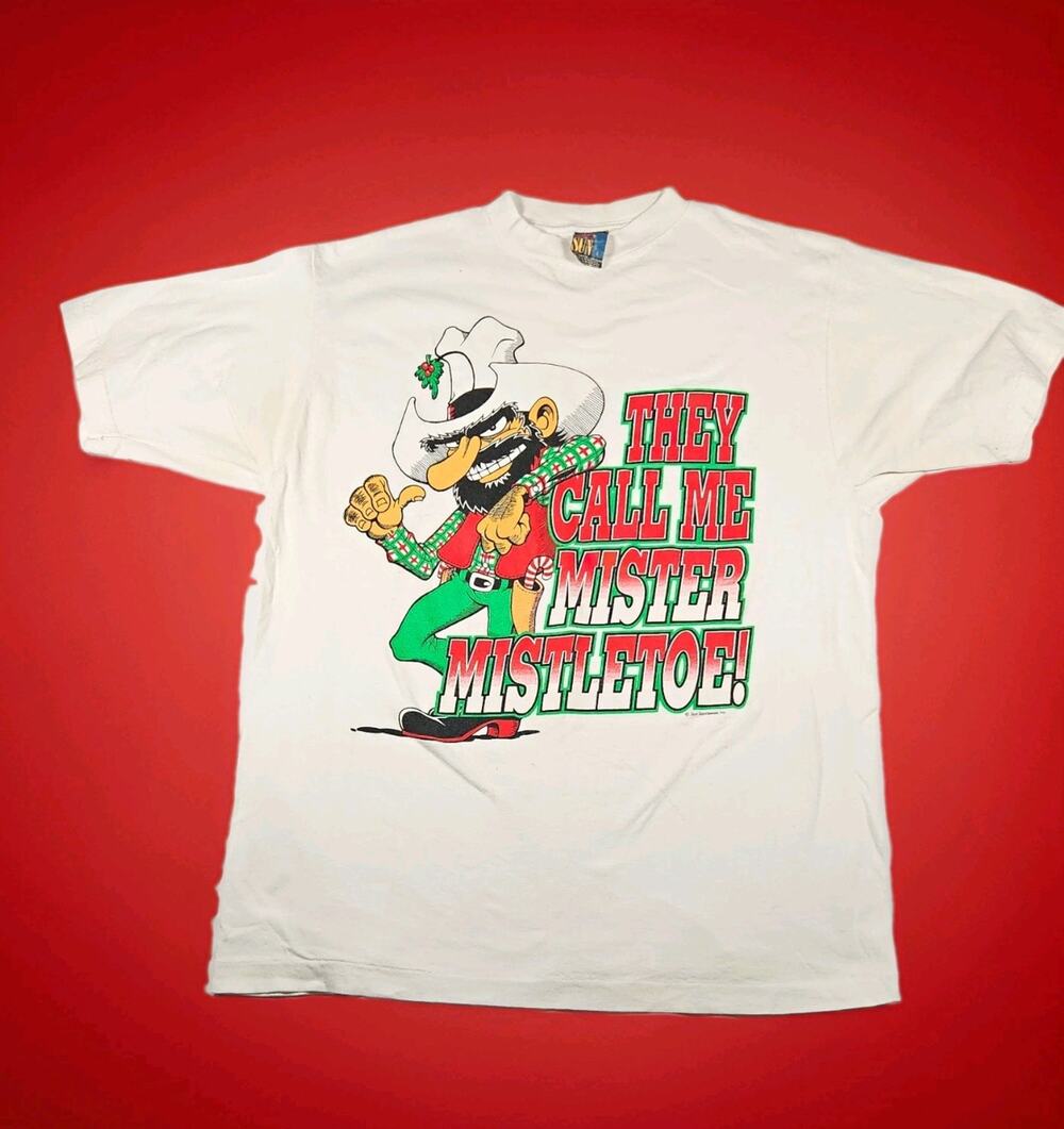 Vintage 90s Sun Sportswear Mister Mistletoe T Shirt Large 22x29 White Christmas